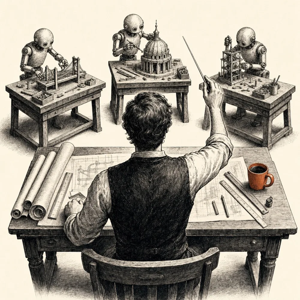 Ilustración en tinta: un artesano dirige tres bancos de trabajo en paralelo, cada uno con su pequeño asistente mecánico