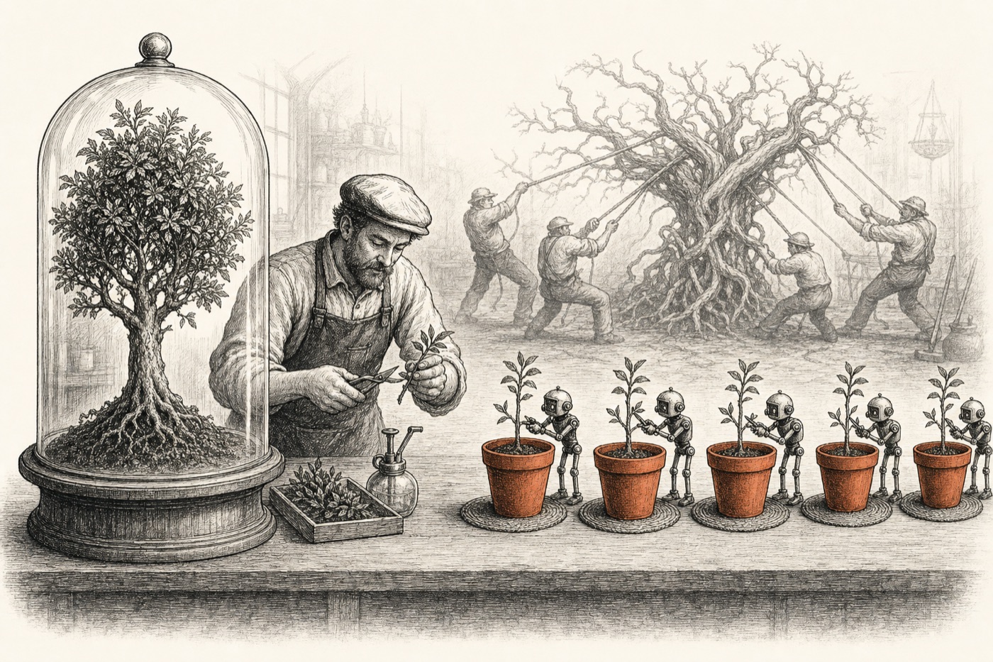 Ilustración en tinta: de un árbol madre bajo campana de vidrio, un jardinero toma esquejes y los planta en macetas separadas atendidas por pequeños robots; al fondo, varios jardineros forcejean con un solo árbol enredado